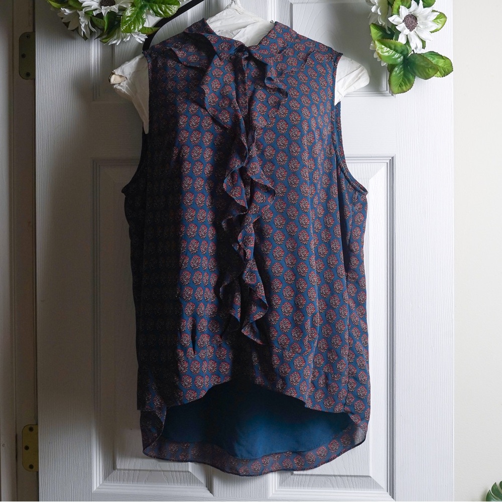 Cabi Ruffle Front Blouse Sleeveless - Hidden Buttons Kyoto Blossom Navy Blue